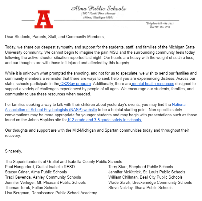 GI RESD Superintendent Letter Alma Public Schools