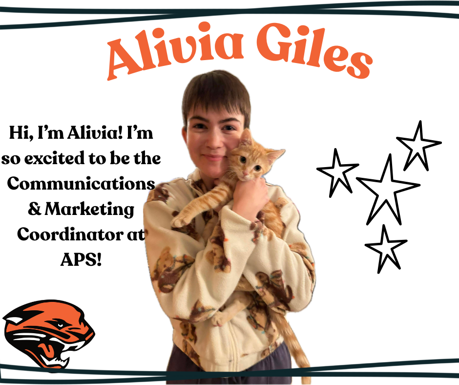 Alivia (new Communications and Marketing Coordinator at APS) smiles as she holds an orange kitten in her Facebook introduction post.