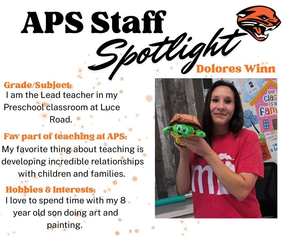 Dolores Winn poses with a stuffed turtle in an APS Staff Spotlight post