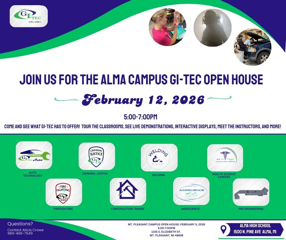 GI-TEC flyer for open house event on Feb. 12 from 5-7 at Alma High School