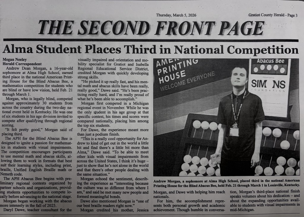 Alma student featured in The Gratiot County Herald
