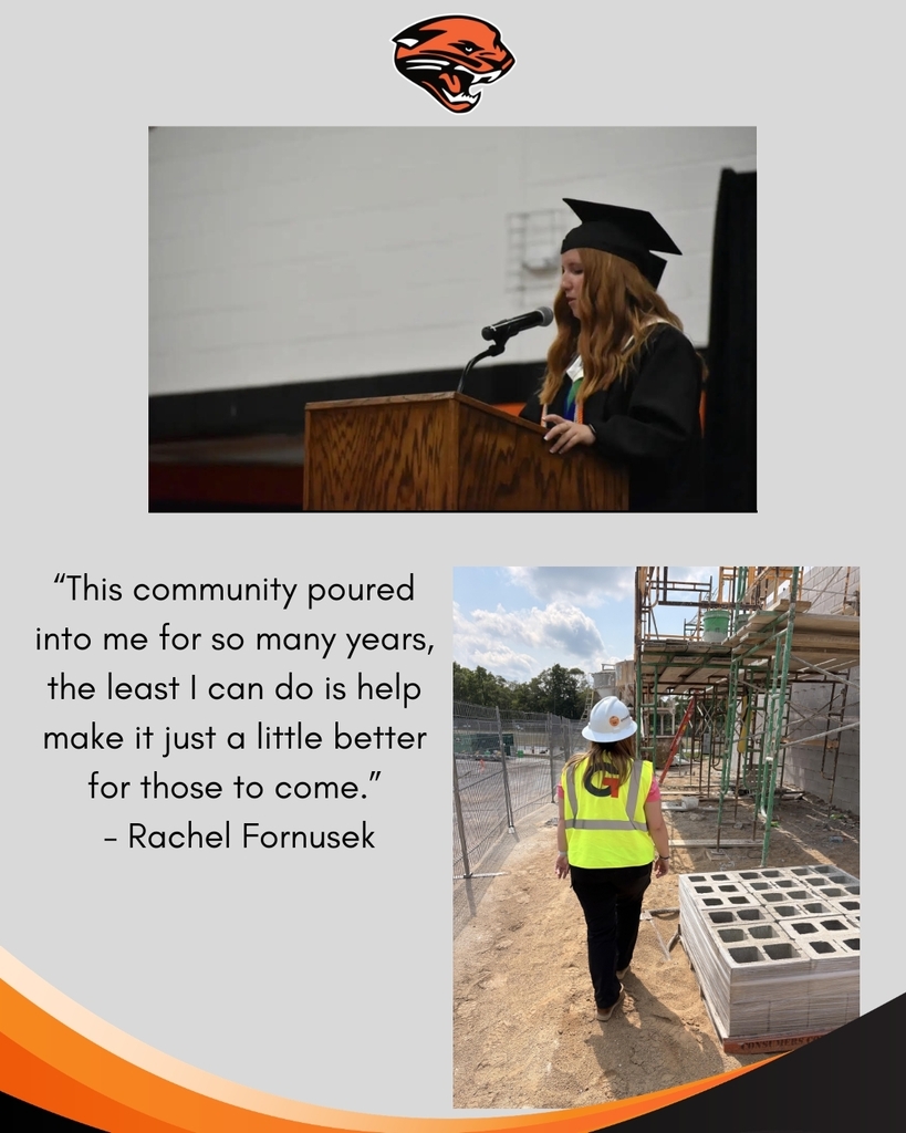 Rachel Fornusek quote and images (photo 1 is Rachel in graduation cap and gown giving a speech, photo 2 is Rachel in a safety vest and hard hat)