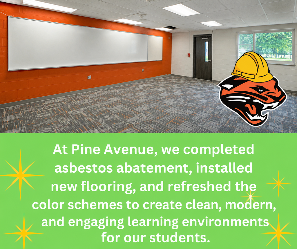 Pine Avenue classroom with orange wall and new carpet
