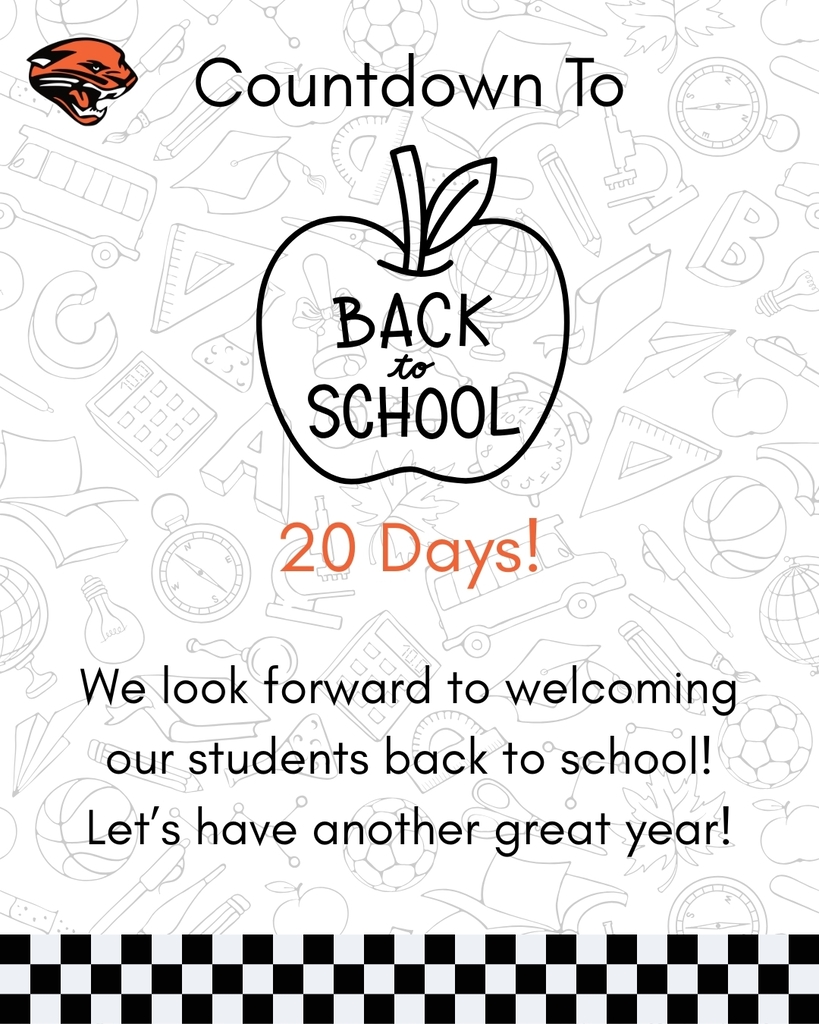 Countdown to the first day of school (20 days!) with an apple graphic, academic background, Panther head logo, and a checkerboard pattern at bottom of page. We look forward to another great year.