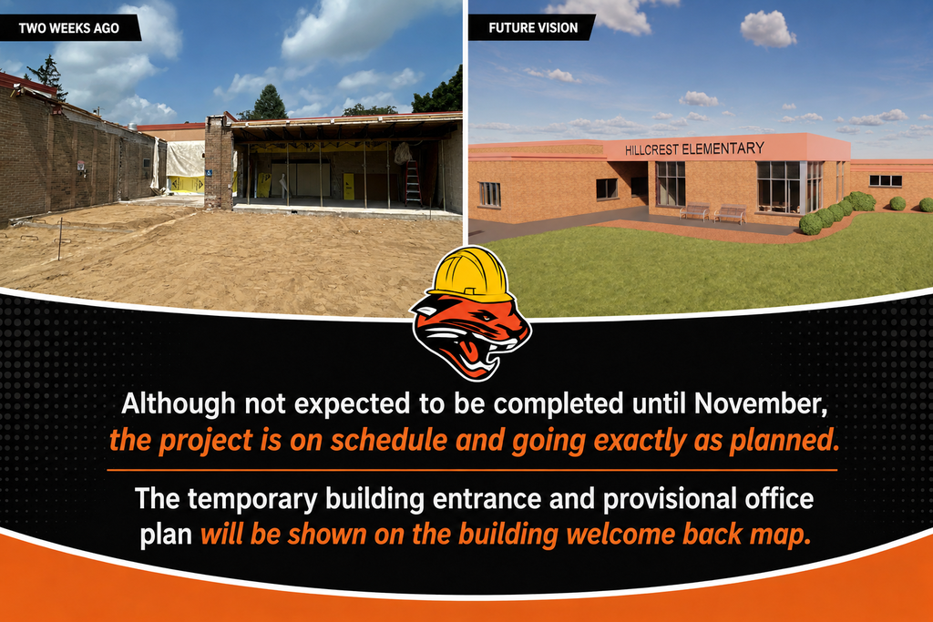 Hillcrest entrance under construction compared to future vision of what it will look like when done.