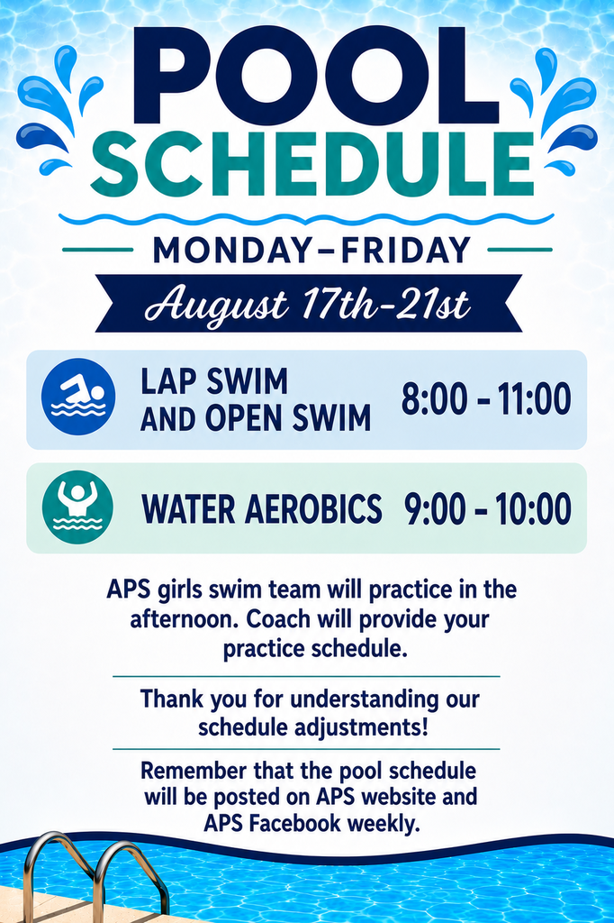 Swim schedule lap/open swim 8:00-11:00, water aerobics 9:00-10:00