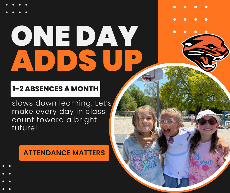 Orange and black graphic about the importance of school attendance, photo of 3 smiling APS students on the playground, one is holding an ice cream cone