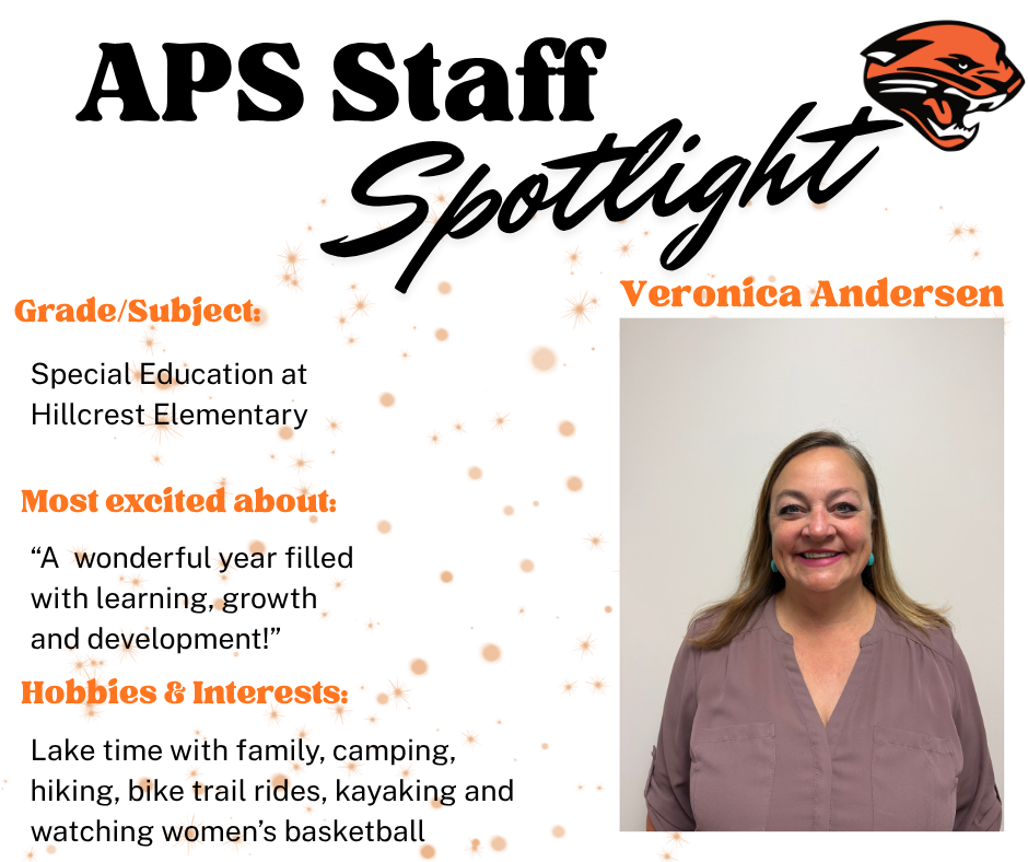 Veronica Andersen Staff Spotlight with photo of Ms. Andersen, Panther head logo and fun facts about her