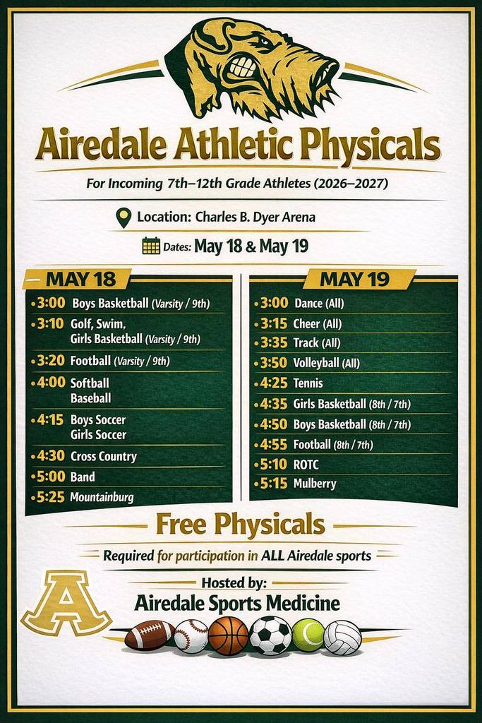 Get game-ready, Airedales! Free athletic physicals for grades 7–12 on May 18–19 at Charles B. Dyer Arena - don’t miss your time slot!