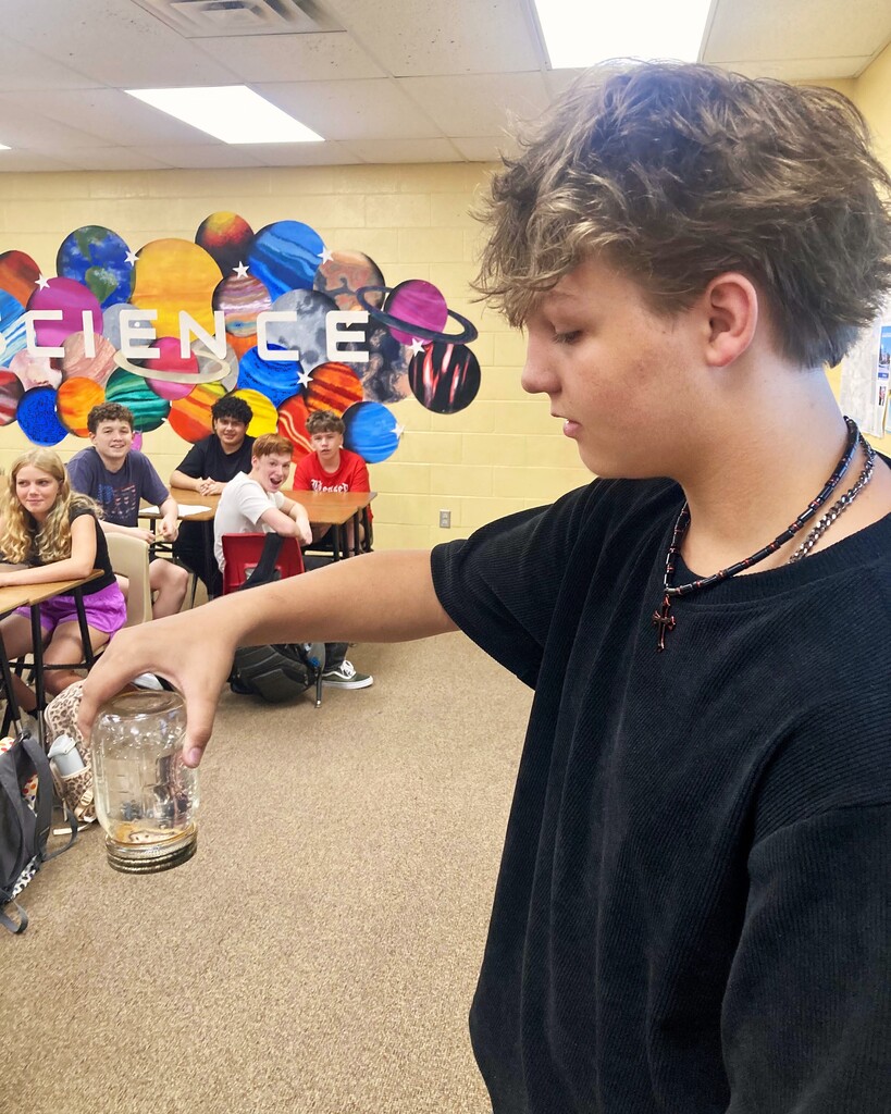 Today was Great Start, and Ms. Neihouse already had her ninth-grade students hard at work! Colton Schluterman demonstrated “mysterious water suspension” for the class.