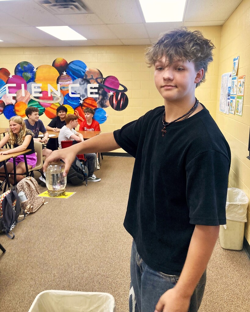 Today was Great Start, and Ms. Neihouse already had her ninth-grade students hard at work! Colton Schluterman demonstrated “mysterious water suspension” for the class.