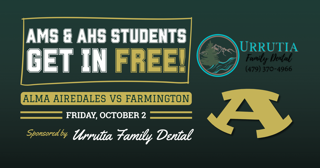 🏈 AMS and AHS students get in FREE this Friday, October 2, as the Airedales take on Farmington! A big thank you to Urrutia Family Dental for generously sponsoring student admission. We appreciate your support and the opportunity you’re giving our students to enjoy a Friday night cheering on the Airedales! 🐾