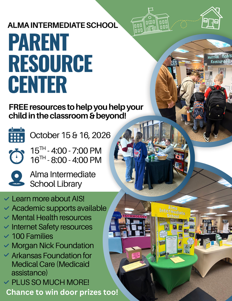 Alma families, stop by the Parent Resource Center in the Alma Intermediate School Library during fall parent-teacher conferences! Explore free academic, mental health, internet safety, and community resources, plus a chance to win door prizes.