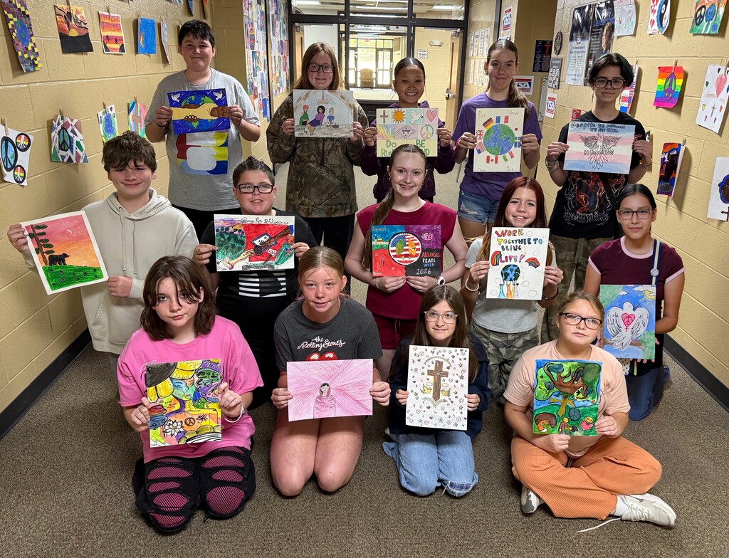 Congratulations to Alma Middle School’s 15 Arkansas Peace Week school finalists! These student artists placed in the top five of their grade level, and their artwork will advance to the state contest. 