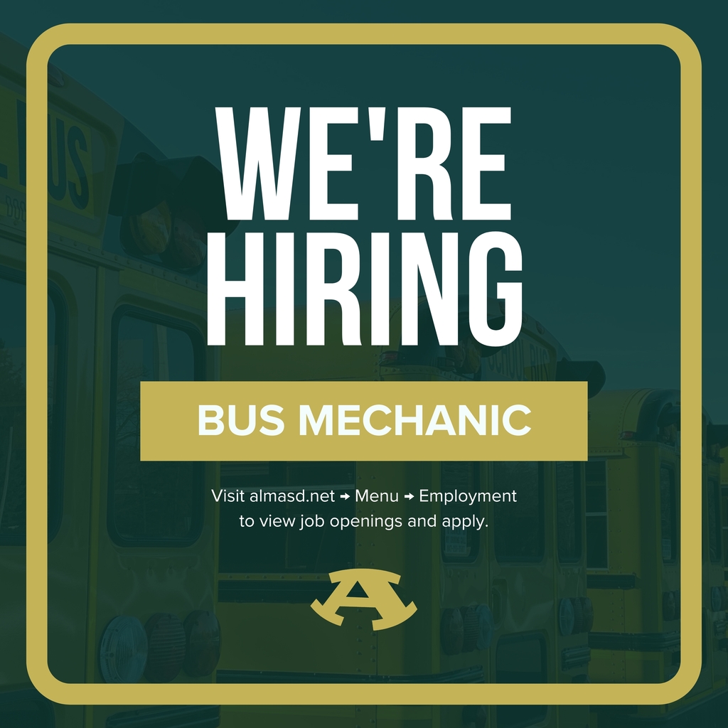 We’re hiring! Alma School District is seeking a bus mechanic to join our transportation team. Visit almasd.net, select Menu, then Employment to view the job details and apply. Help us spread the word by sharing this opportunity!