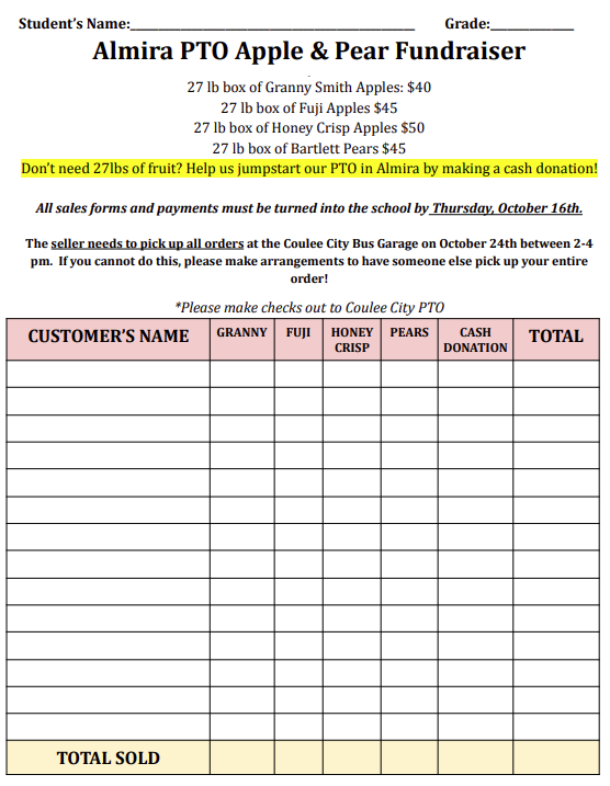 PTO Fundraiser Order Sheet