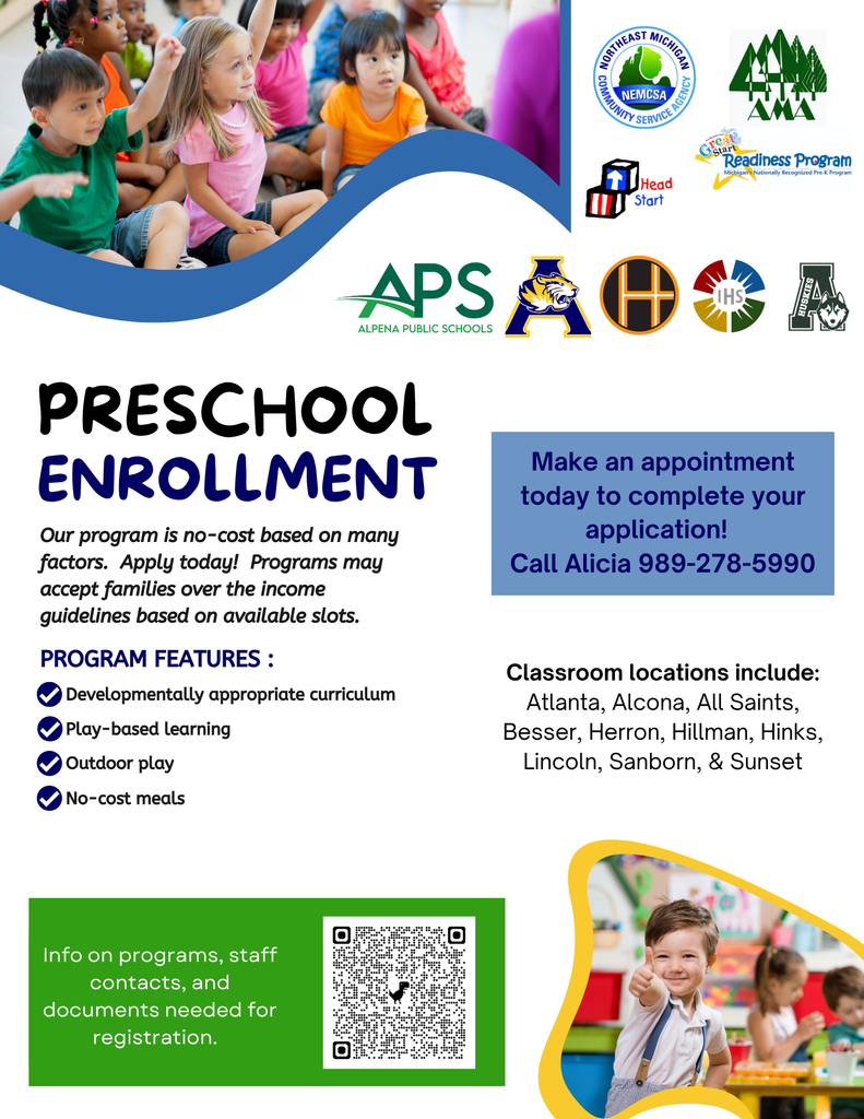 Preschool Enrollment Flyer for Alpena, Montmorency, and Alcona. Call Alicia at 989-278-5990.