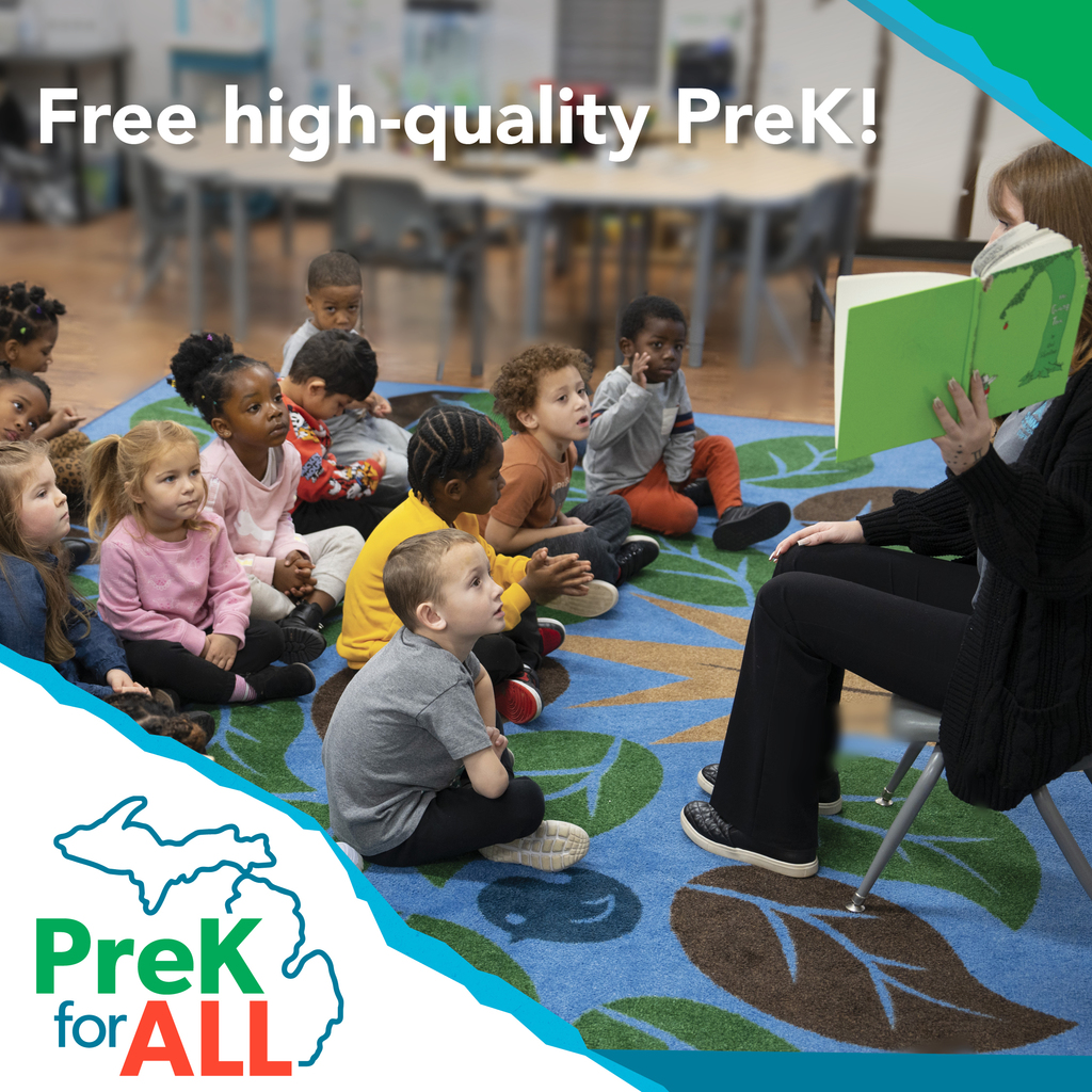 Photo of children sitting on a carpet with an adult reading a book to them. Text states "Free high-quality PreK!"