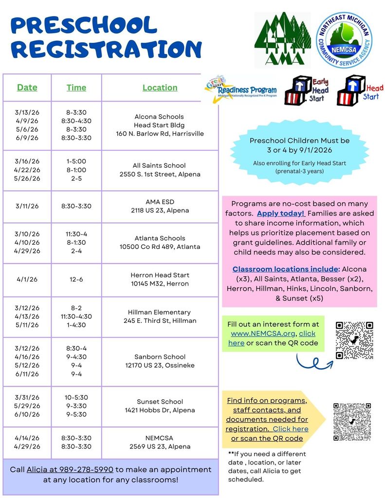Preschool registration at the AMA ESD will still take place today, March 11, 2026.  We look forward to seeing you!