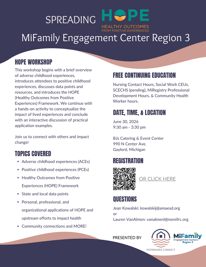 Join us for a free  professional development session on Adverse Childhood Experiences (ACEs), Positive Childhood Experiences (PCEs), and the HOPE Framework with trained facilitator Hilary Marine. Learn practical strategies to apply HOPE in personal, professional, and organizational settings while connecting with peers across the community. Questions: kowalskij@amaesd.org or vanalmenl@nemifrc.org