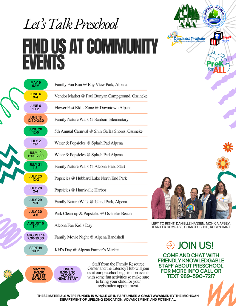 Flyer titled “Let’s Talk Preschool: Find Us at Community Events” listing family-friendly events across the AMA area from March through September 2026. Events include library nights, festivals, park activities, fairs, and community celebrations in Alpena, Alcona, Ossineke, Harrisville, and surrounding areas. The flyer encourages families to meet preschool staff, ask questions, and learn about preschool enrollment opportunities. Contact information and preschool program logos are included.