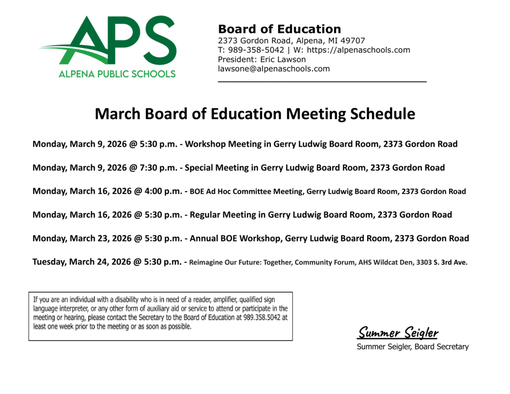 March Board of Education Meeting Schedule   Monday, March 9, 2026 @ 5:30 p.m. - Workshop Meeting in Gerry Ludwig Board Room, 2373 Gordon Road   Monday, March 9, 2026 @ 7:30 p.m. - Special Meeting in Gerry Ludwig Board Room, 2373 Gordon Road  Monday, March 16, 2026 @ 4:00 p.m. - BOE Ad Hoc Committee Meeting, Gerry Ludwig Board Room, 2373 Gordon Road  Monday, March 16, 2026 @ 5:30 p.m. - Regular Meeting in Gerry Ludwig Board Room, 2373 Gordon Road  Monday, March 23, 2026 @ 5:30 p.m. - Annual BOE Workshop, Gerry Ludwig Board Room, 2373 Gordon Road   Tuesday, March 24, 2026 @ 5:30 p.m. - Reimagine Our Future: Together, Community Forum, AHS Wildcat Den, 3303 S. 3rd Ave.