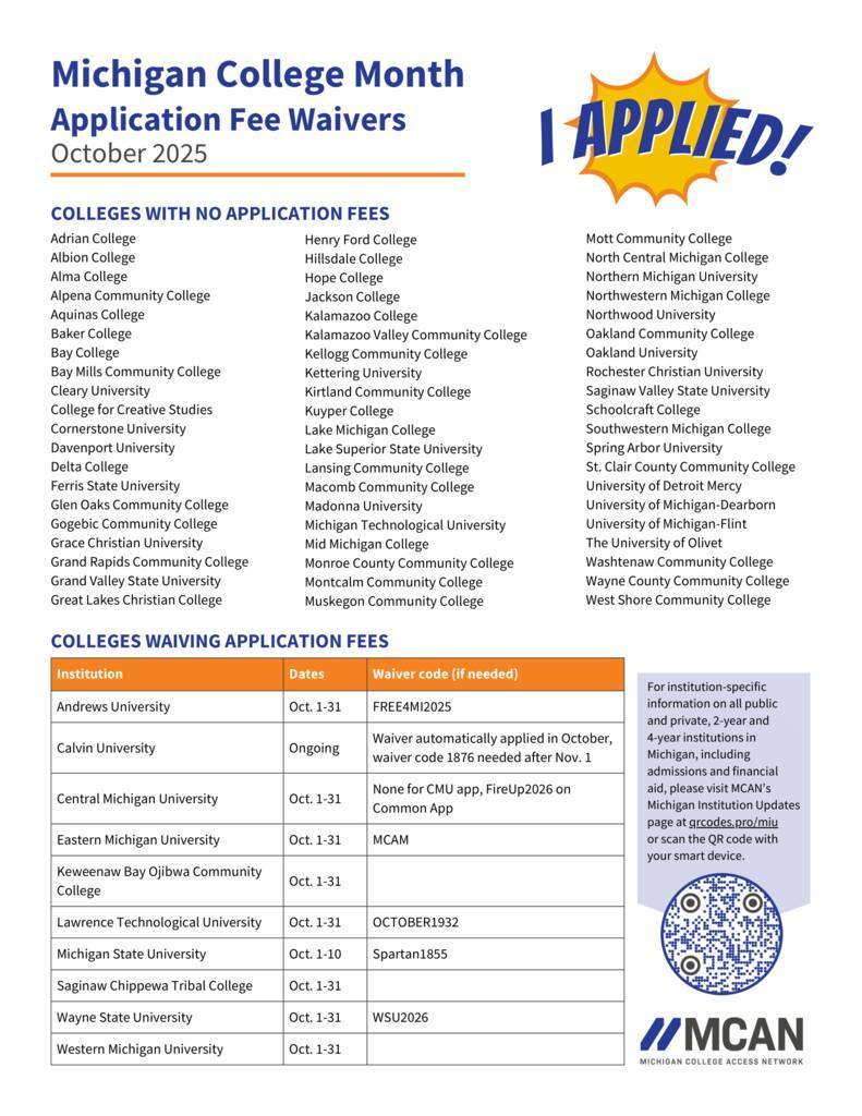 October is Michigan College Month Application Fee Waivers