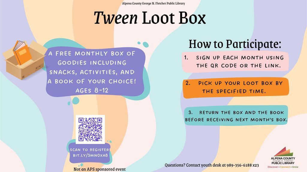 Alpena County Library Tween Loot Box and a Book