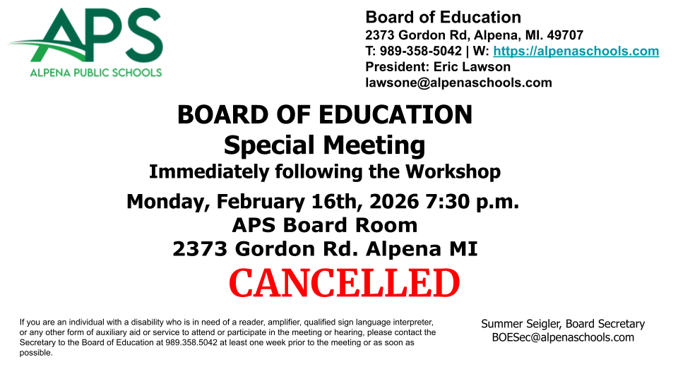 There will be no special meeting following the APS board workshop on 2/16/26. Bid consideration will be handled at the regular APS monthly board on 2/23/26.
