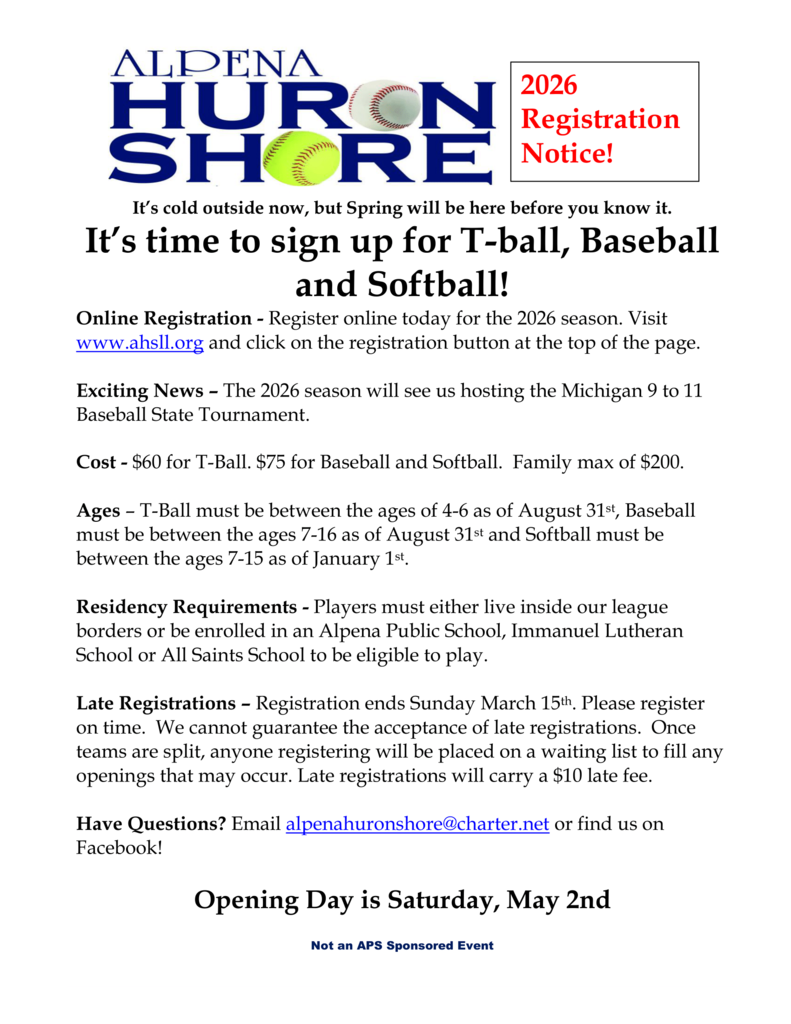 Huron Shores Baseball Registration   PDF Version of the Flier in the body of the post
