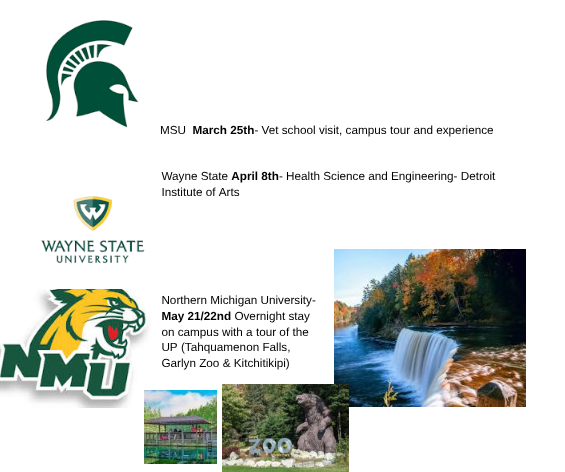 Upcoming college visits with MI Gear UP  PDF version of the flier https://drive.google.com/file/d/1MA5OkOrzVoku8MVQEPl8sBqs8Lyn3t0d/view?usp=sharing  Jenny Taratuta  MI GEAR up Coordinator/ Career & College Readiness Advisor  taratutaj@alpenaschools.com  (989)358-5243  https://calendly.com/aps-mi-gearup-coordinator