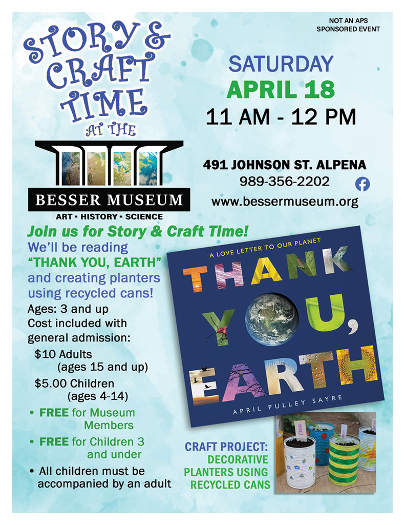 💦Join us for Story & Craft Time this Saturday April 18💦 We’ll be reading “Thank You, Earth” and creating decorative planters using recycled tin cans! Date: Saturday, April 18, 2026 Time: 11:00 AM – 12:00 PM Ages: 3 and up (All children must be accompanied by an adult) Cost included with general admission: $10 Adults (ages 15 and up) $5.00 Children (ages 4-14) • Free for Museum Members • Free for Children 3 and under • Not an APS Sponsored Event _