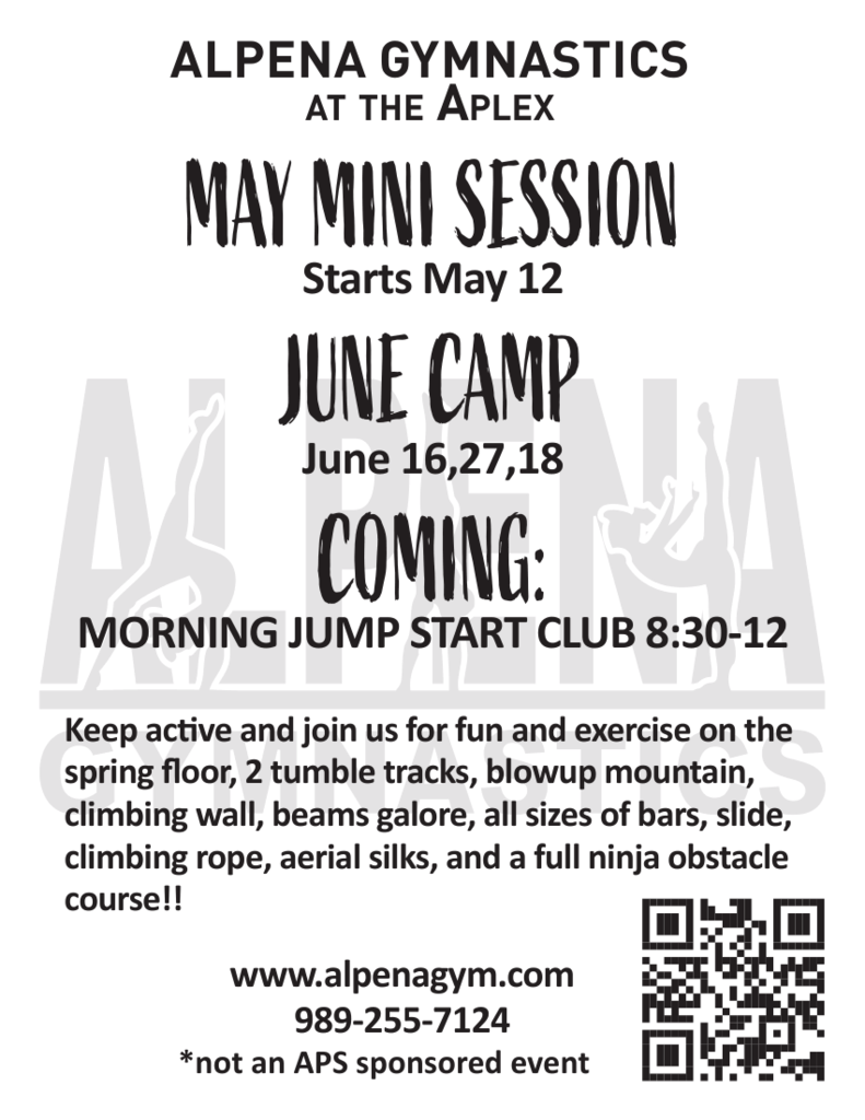 Alpena Gymnastics sign ups visit www.alpengym for more information