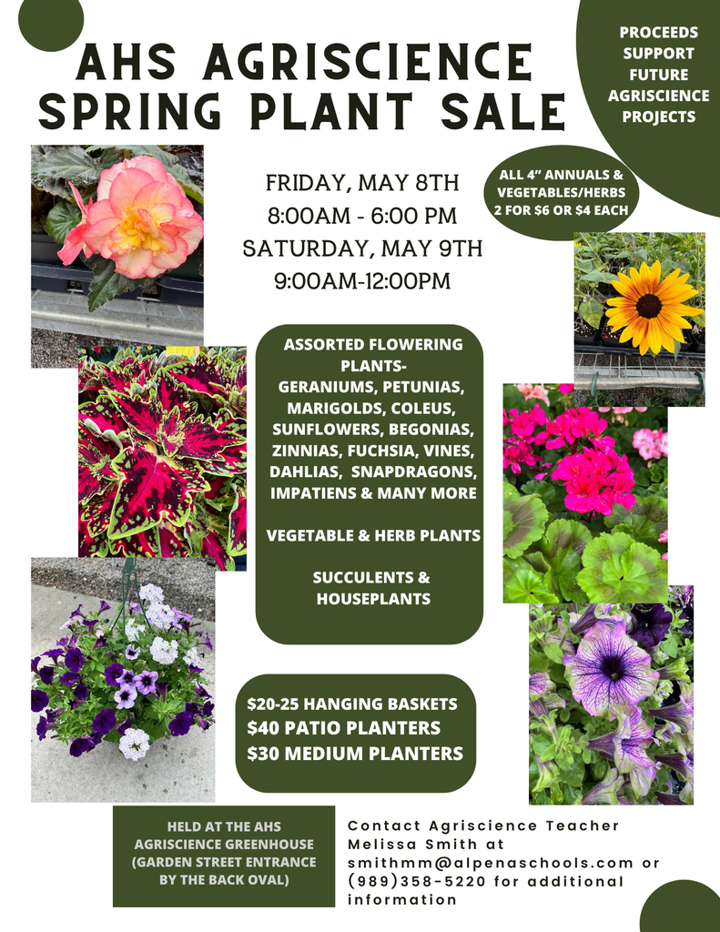 Agriscience Plant Sale May 8th 8 am to 6 pm and May 9th 9 am to 12 pm