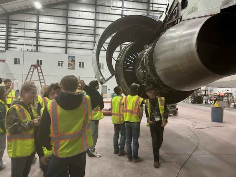 CTE students from multiple programs visit Kalitta Air in Oscoda to better understand potential careers related to mechanical and engineering in aeronautics.