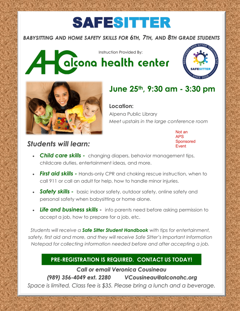 Safe Sitter Class one on June 25th, 2026 & one on August 14th, 2026, at the Alpena Public Library.