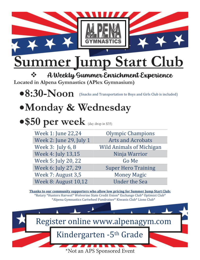 Summer Jump Start Club ❖ A Weekly Summer Enrichment Experience Located in Alpena Gymnastics (APlex Gymnasium)