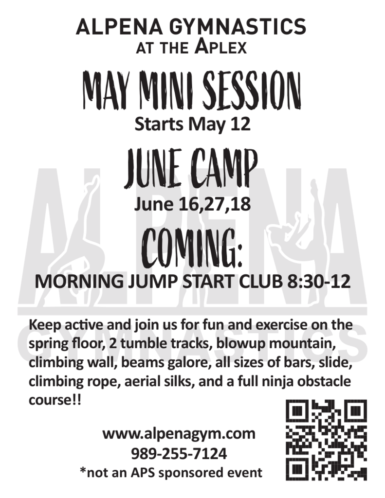 Alpena Gymnastics sign ups visit alpenagym.com for more information