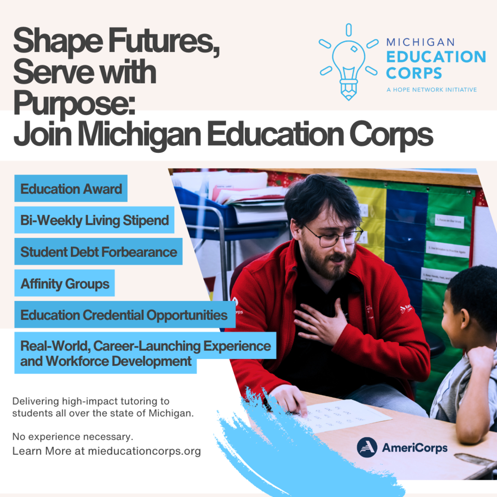 Michigan Education Corps is recruiting AmeriCorps members for Reading Corps and K-3 Math Corps positions to serve Alpena kindergarten - third grade students