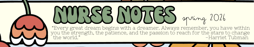 creme background with green letters and an orange flower