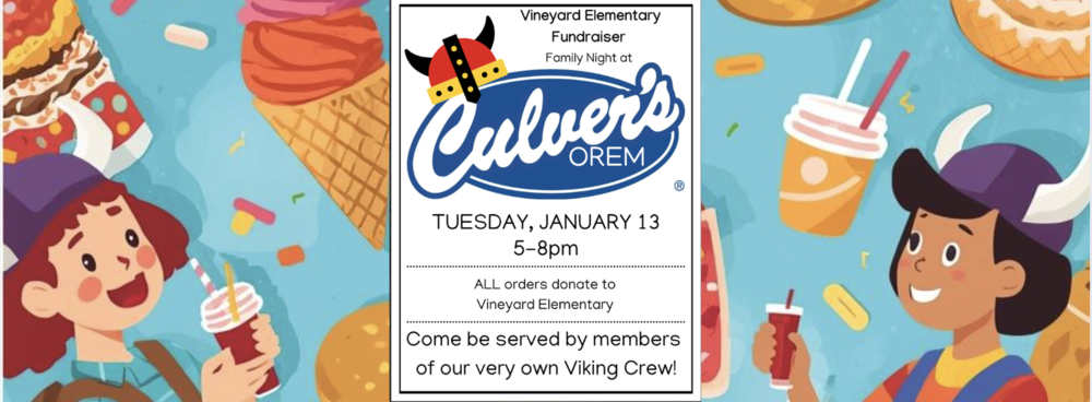 blue background with viking students eating burgers and ice cream