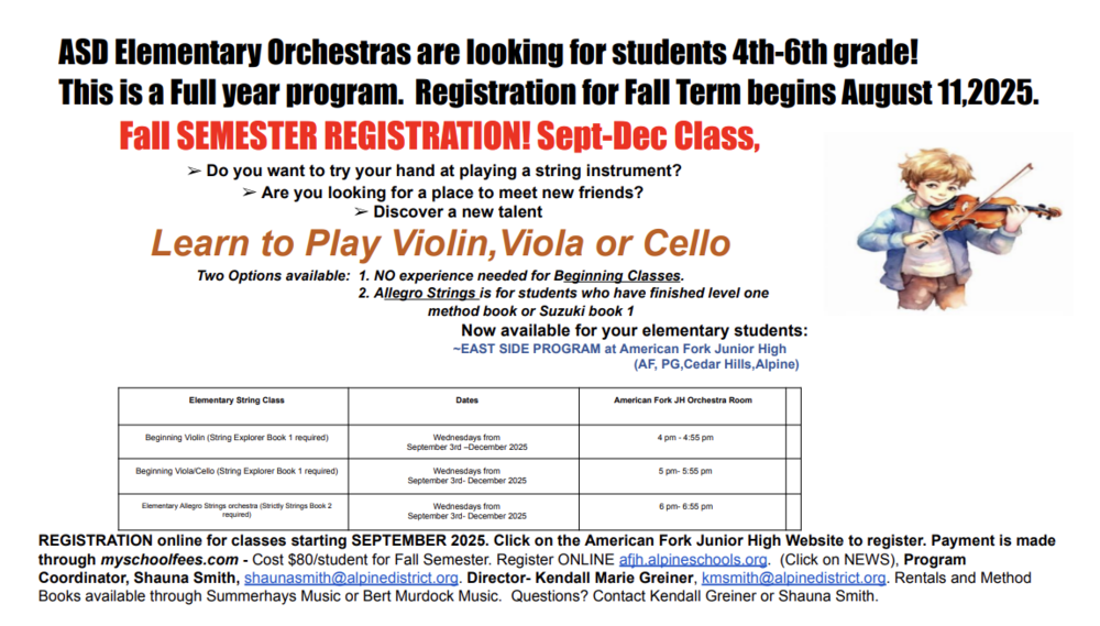 Child playing violin and info for strings classes.