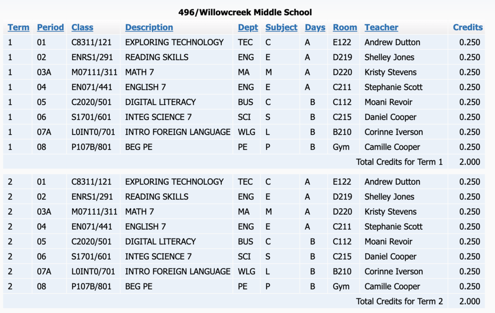 Willowcreek example class schedule