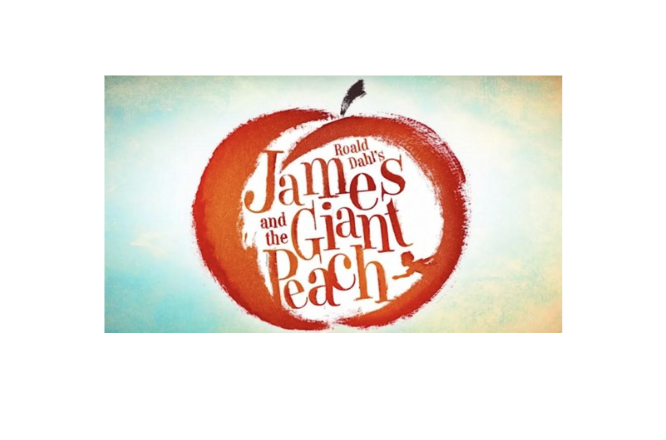 A painting of a peach (on a green and yellow background)with words inside