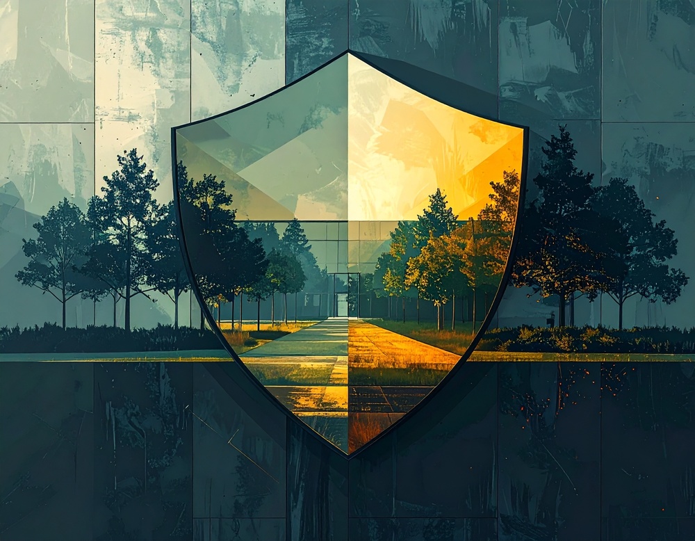 abstract AI image of a shield protecting a school