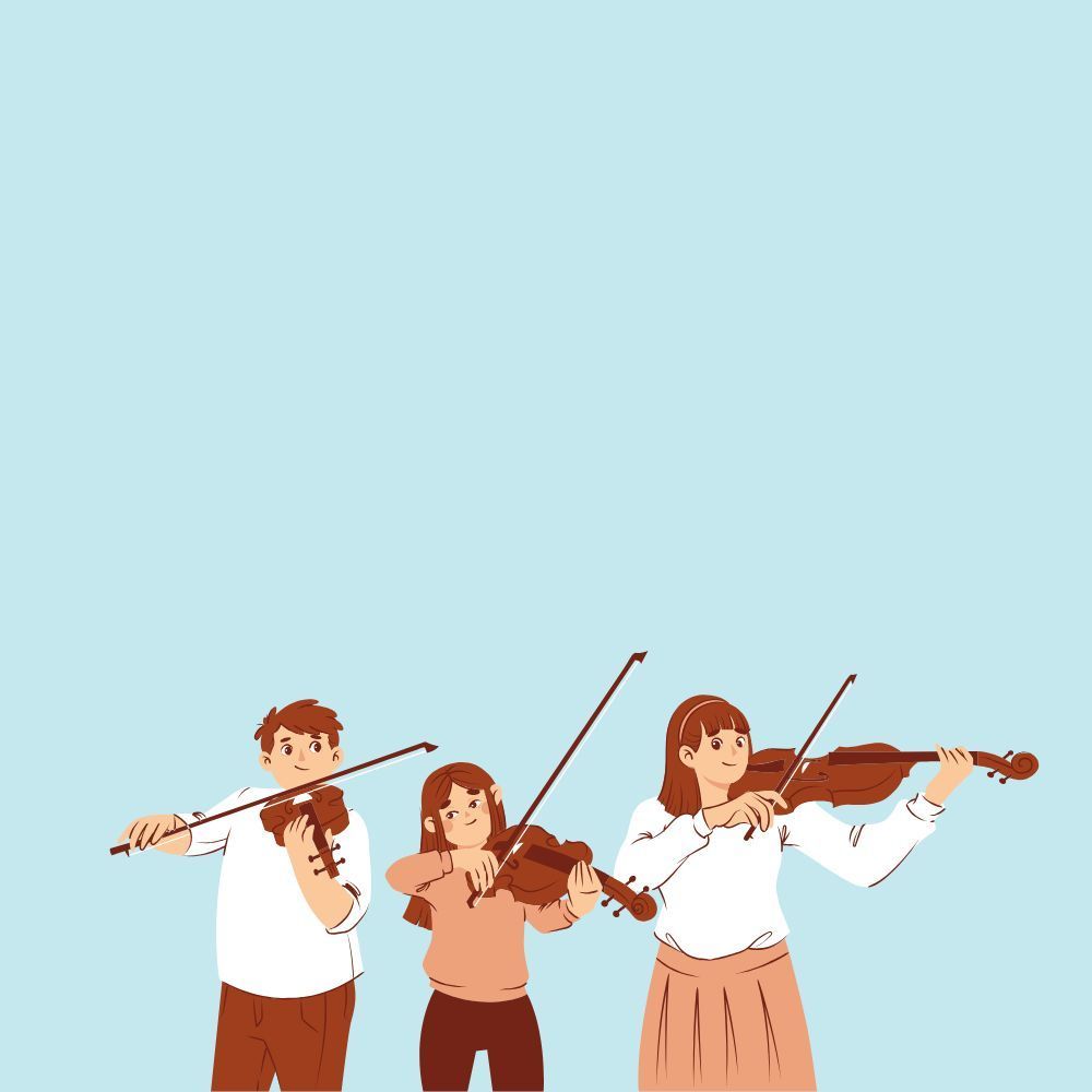 Blue background with three children playing string instruments
