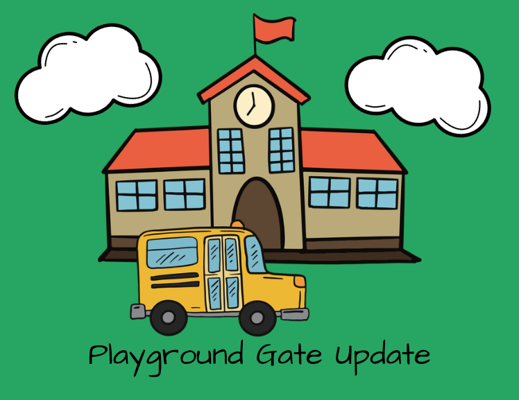 Green background, yellow bus , brown and red school