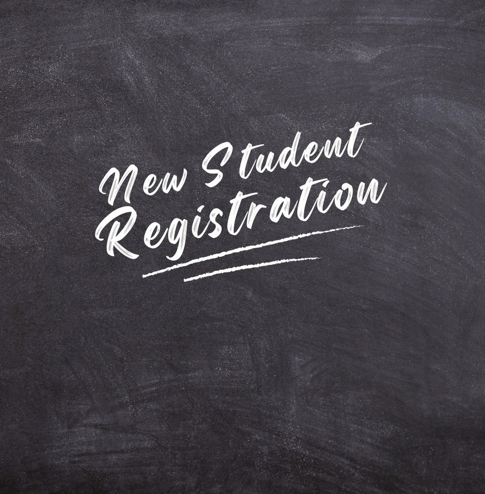 New Student Registration is written on a black chalkboard with other school doodles.