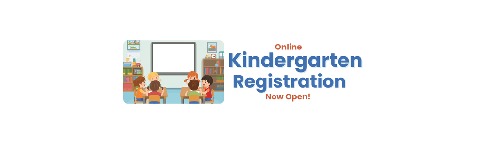 AI image of a kindergarten classroom with children sitting at tables and smiling. There are colorful circles under the text that says, "register online"