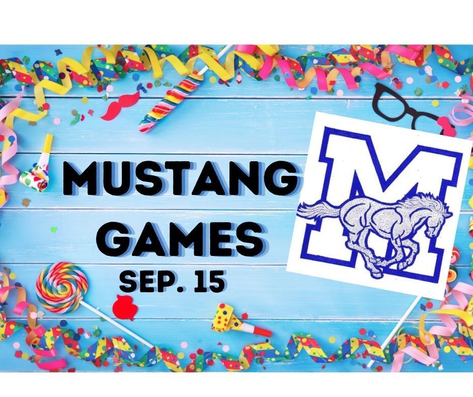 Mustang Games with Manila Logo on a blue background with party streamers around the edge